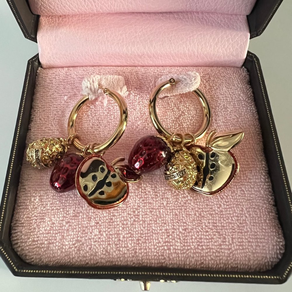 Juicy couture 3D Pineapple, Strawberry, Apple hoop earrings-NIB